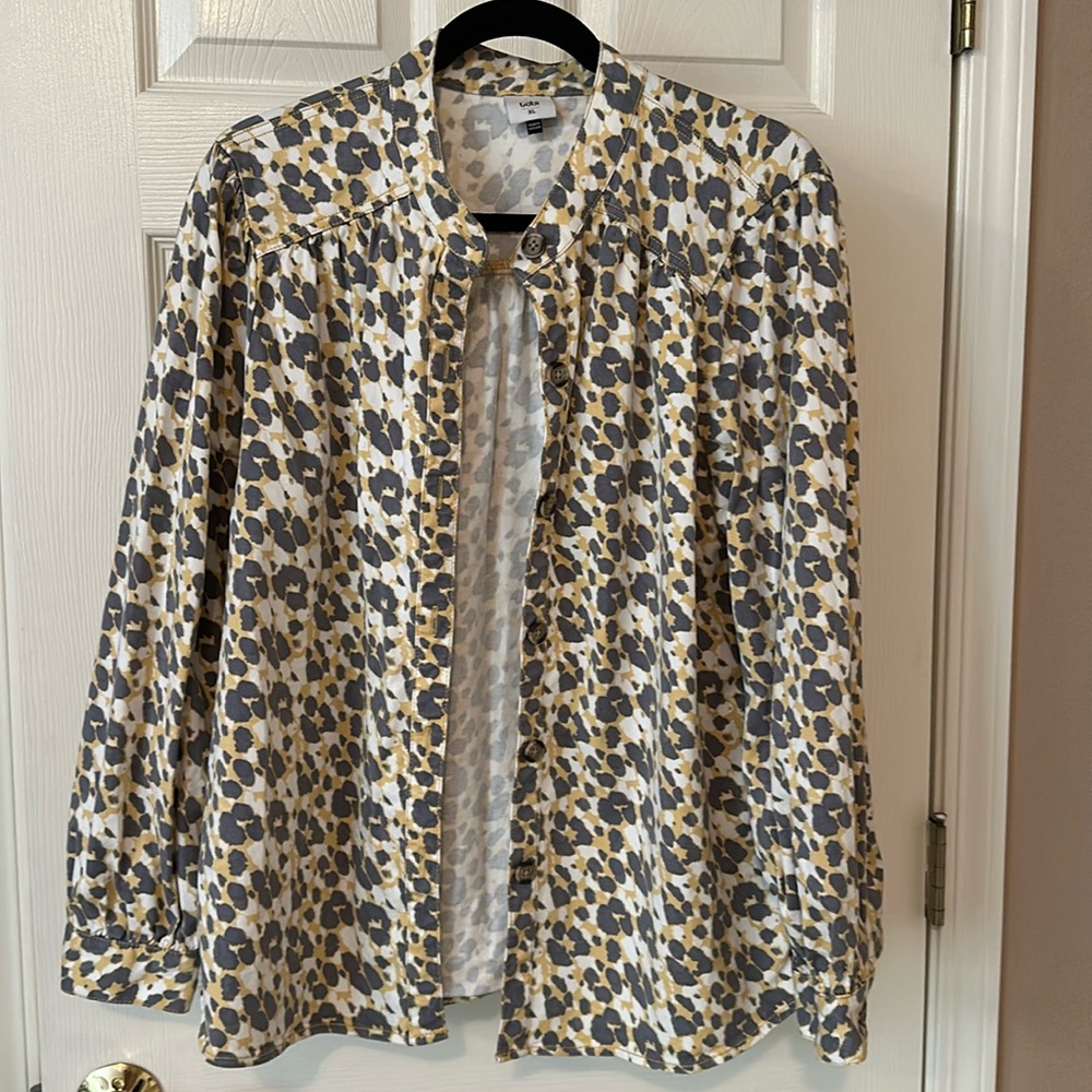 CAbi Providence Shirt Jacket Animal Print yellow gray white